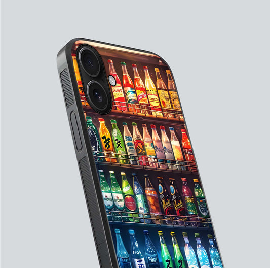 Colorful Soda Bottles Glass Case for iPhone 16 close-up showing colorful bottles and HD reflection