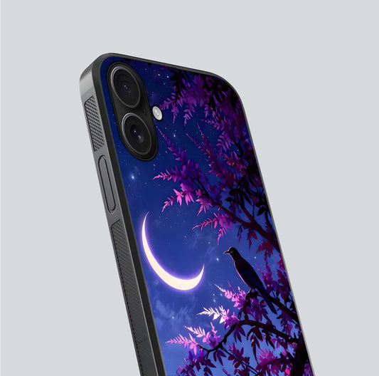 Crow & Moon Scenery Glass Case for iPhone 16 close-up highlighting moon detail, dark tones, and glass reflection