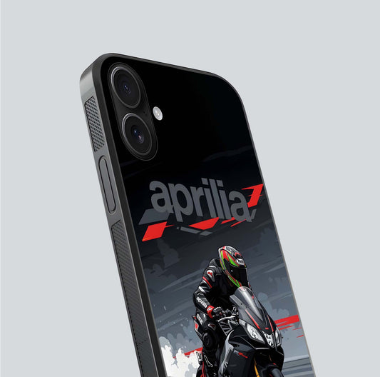 Dark Aprilla Glass Case for iPhone 16 close-up highlighting detailing and reflection effect