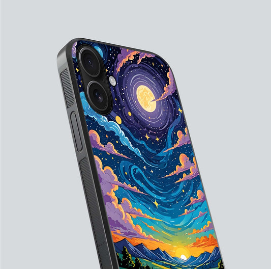 Dreamy Night Landscape Glass Case for iPhone 16 close-up highlighting stars and reflection tone