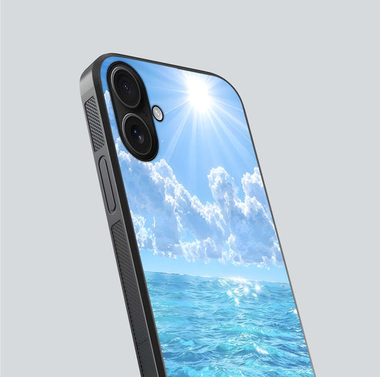 Endless Ocean Horizon Glass Case for iPhone 16 close-up highlighting water texture and reflection shine