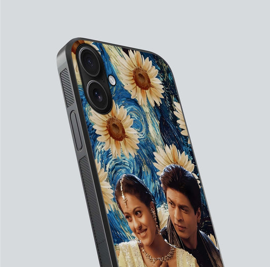 Eternal Love Story Glass Case for iPhone 16 close-up highlighting couple detail and light reflection