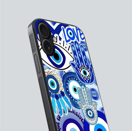 Evil Eyes Dream Glass Case for iPhone 16 close-up highlighting evil-eye charm detail and light reflection on glass