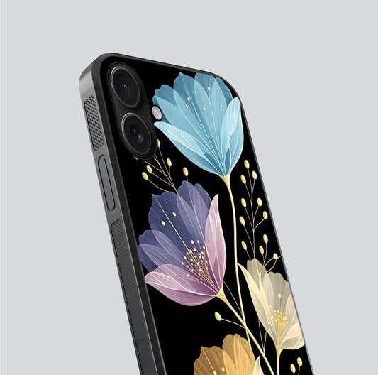 Flower Bloom Glow Glass Case for iPhone 16 close-up highlighting bloom detail and reflection polish