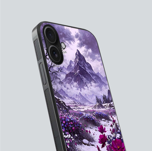 Flower Mountain View Glass Case for iPhone 16 close-up highlighting petal details and sky reflection