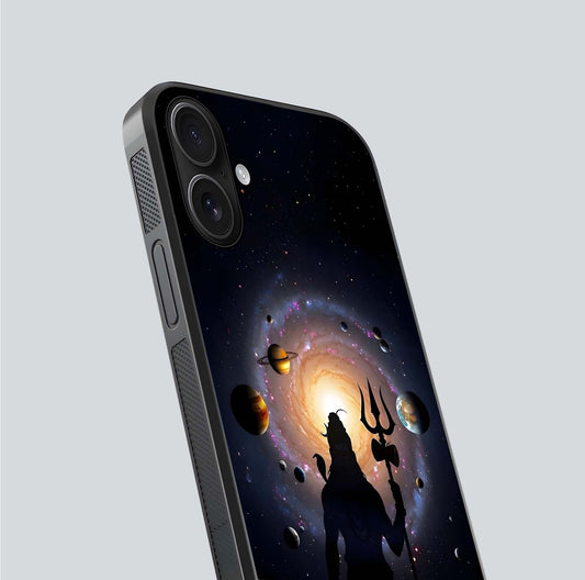 Galactic Shiva Vision Glass Case for iPhone 16 close-up angled shot highlighting divine aura, trident details, and reflection shine