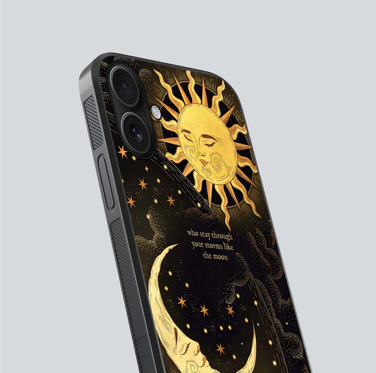 Golden Lunar Love Glass Case for iPhone 16 close-up angled shot showing moon glow, texture, and reflection polish