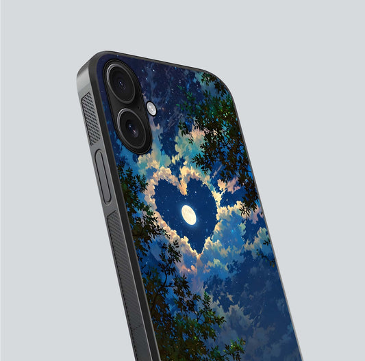 Heart with Moon Sky Glass Case for iPhone 16 close-up angled shot showing lunar reflection and shine detail