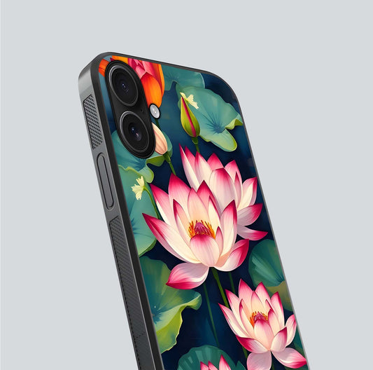 Lotus Dream Serenity Glass Case for iPhone 16 close-up angled shot showing floral details and soft shine