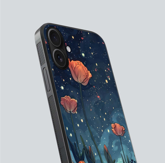 Midnight Tulip Glow Glass Case for iPhone 16 close-up angled shot showing petal details and reflection glow