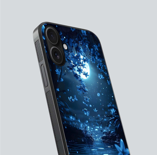 Moonlight Petal Dream Glass Case for iPhone 16 close-up angled shot showing petal reflection and glow texture
