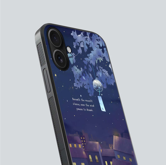 Moonlit Cat Silence Glass Case for iPhone 16 close-up angled shot showing soft glow and reflection texture