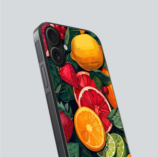 Multiple Fruits Glass Case for iPhone 16 close-up angled shot showing fruit texture and HD gloss shine