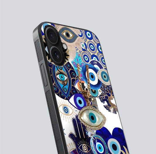 Mystic Charm Eye Glass Case for iPhone 16 close-up angled shot showing detailed eye art and reflection
