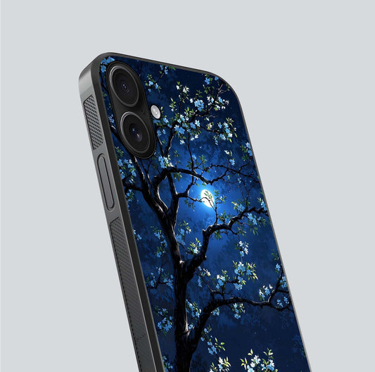 Mystic Floral Night Glass Case for iPhone 16 close-up angled shot highlighting petal detail and HD reflection