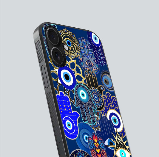 Mystic Palm Guard Glass Case for iPhone 16 close-up angled shot showing eye symbol and fine texture