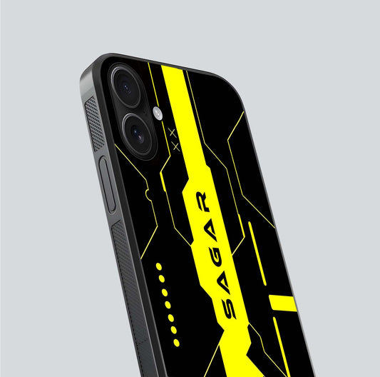 Neon CYBERPUNK Custom Name Glass Case for iPhone 16 close-up angled shot highlighting electric colors and reflection