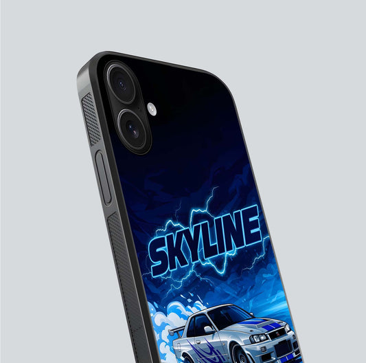 Neon Drift Beast Glass Case for iPhone 16 close-up angled shot highlighting glowing streaks and vivid reflection