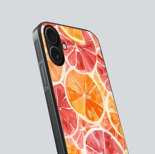 Orange Fruits Pattern Glass Case for iPhone 16 close-up angled shot showing juicy fruit texture and reflection