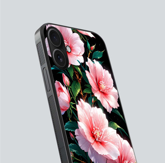 Peach Flower Glass Case for iPhone 16 close-up angled shot highlighting floral petals and HD glass reflection