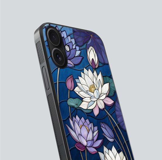 Purple Lotus Stained Glass Case for iPhone 16 close-up angled shot highlighting glass pattern and reflection