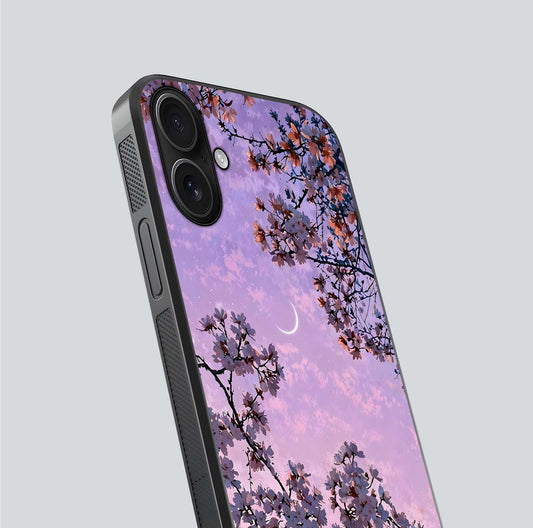 Purple Serenity Moon Glass Case for iPhone 16 close-up angled shot showing reflection and gradient purple hues