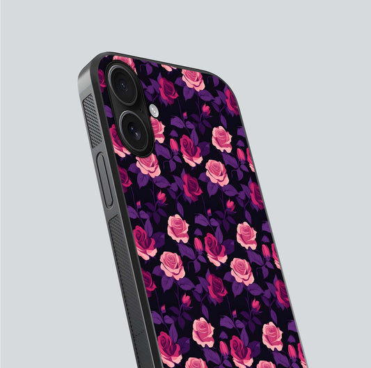 Rose Garden Twilight Glass Case for iPhone 16 close-up angled shot highlighting rose contrast and reflection