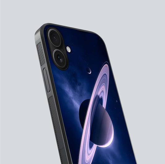 Saturn Ring Mystique Glass Case for iPhone 16 close-up angled shot highlighting ring detail and HD reflection