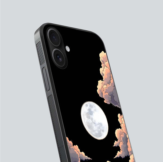 Shade Cloud Moon Glass Case for iPhone 16 close-up angled shot highlighting moon reflection and depth