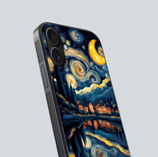 Starry Sky Serenity Glass Case for iPhone 16 close-up angled shot highlighting light reflection and blue hues