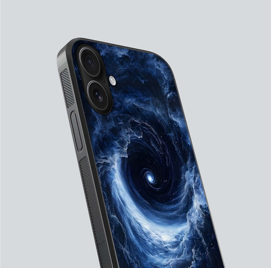 Stunning Galaxy Glass Case for iPhone 16 close-up angled shot highlighting nebula tones and HD reflection