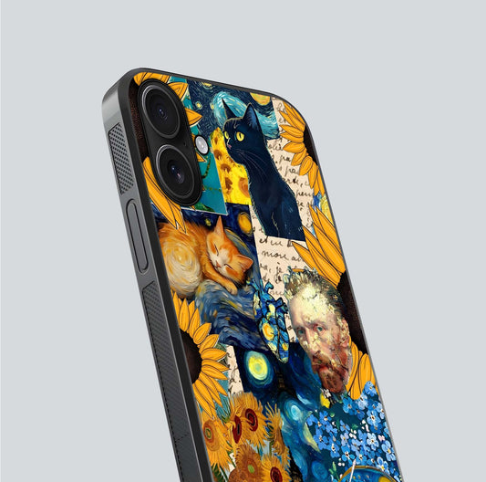 Sunflower Cat Art Glass Case for iPhone 16 close-up angled shot highlighting yellow tones and art reflection