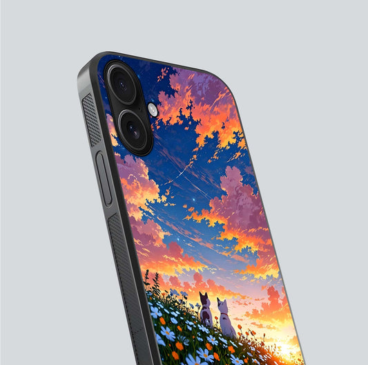 Two Cats Friends Glass Case for iPhone 16 close-up angled shot highlighting cat illustrations and soft reflection