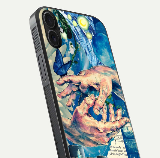 Aesthetic Divider Glass Case for iPhone 16 Plus close-up angled shot showing detailed divider artwork and gloss reflection