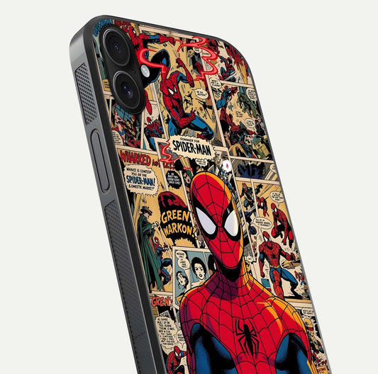 Aesthetic Spider Man Glass Case for iPhone 16 Plus close-up angled shot showing detailed Spider-Man artwork and gloss reflection