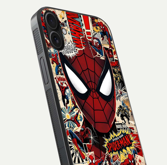 Aesthetic Wonder Spider Glass Case for iPhone 16 Plus angled close-up highlighting spider web detail and vibrant color gloss