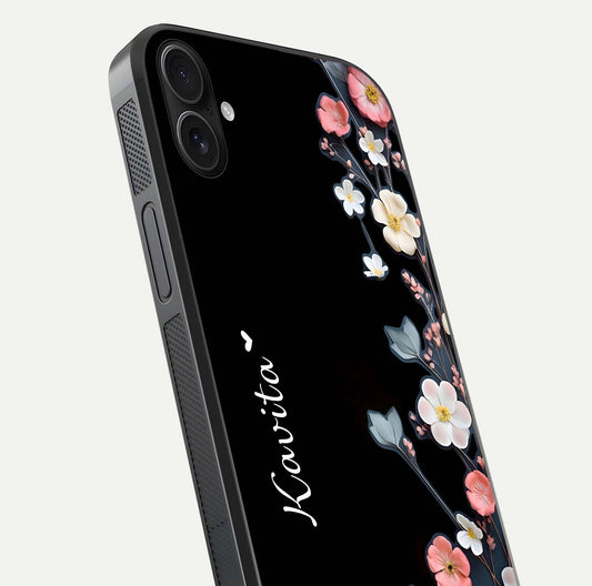 Black Elegance Floral Custom Name Glass Case for iPhone 16 Plus close-up shot showing rose detailing and elegant reflection