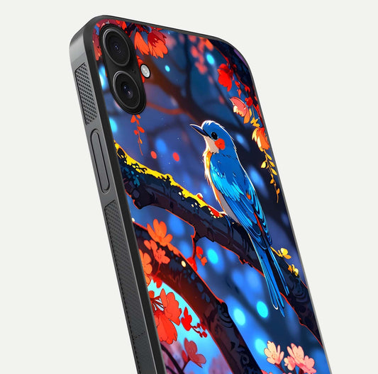 Blooming Spendor Bird Glass Case for iPhone 16 Plus close-up shot highlighting bird design details and glossy shine