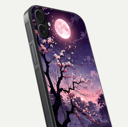 Blossom Pink Moon Glass Case for iPhone 16 Plus close-up shot showing pink tones, moon highlight, and reflection gloss