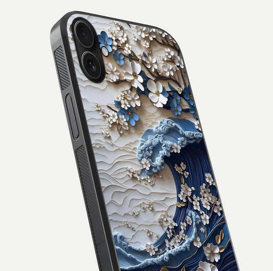 Blossom Wave Art Glass Case for iPhone 16 Plus close-up shot highlighting wave motion in floral art and reflection
