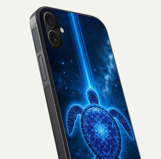 Blue Galaxy Turtle Glass Case for iPhone 16 Plus close-up image showing turtle shell detail and glowing galaxy tones