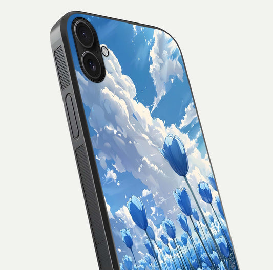 Blue Tulip Clouds Glass Case for iPhone 16 Plus close-up image highlighting tulip petals, clouds, and reflection texture