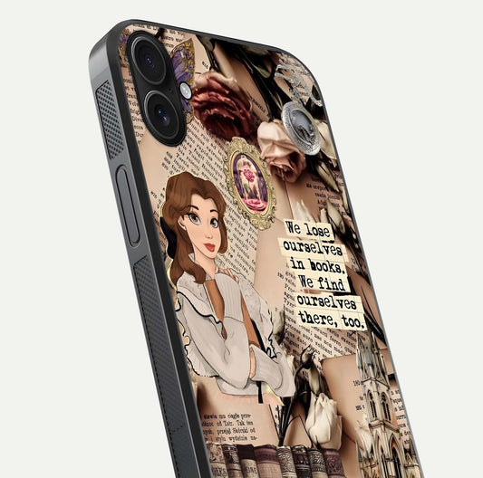 Bookish Dream World Glass Case for iPhone 16 Plus close-up shot highlighting book elements and reflection gloss
