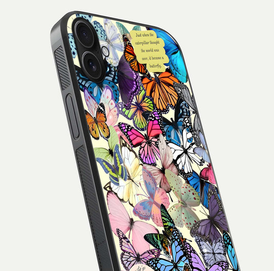 Butterflies Petal Dream Glass Case for iPhone 16 Plus close-up highlighting butterfly wings and pink petal gloss