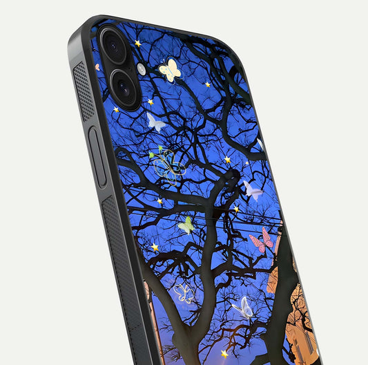 Butterfly Night Magic Glass Case for iPhone 16 Plus close-up highlighting wings reflection and gloss shimmer
