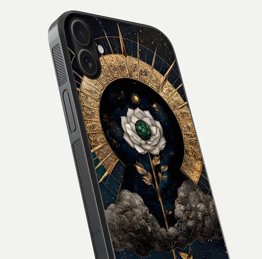 Celestial Lotus Morang Glass Case for iPhone 16 Plus close-up highlighting pink lotus petals and reflection
