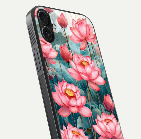 Celestial Pink Lotus Glass Case for iPhone 16 Plus close-up highlighting petal detail and HD glass reflection
