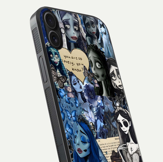 Corpse Bride Posters Glass Case for iPhone 16 Plus close-up highlighting detailed artwork and reflection polish