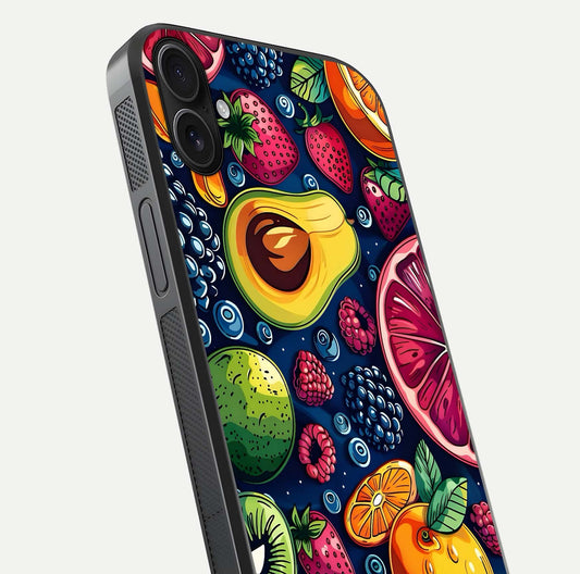 Cute Fruits Art Glass Case for iPhone 16 Plus close-up highlighting fruit shapes, color tones, and reflection polish