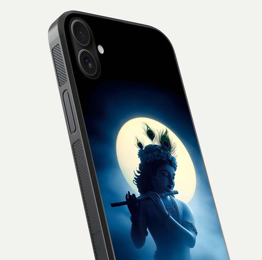 Divine Moon Flute Glass Case for iPhone 16 Plus close-up highlighting flute detail and reflection shine